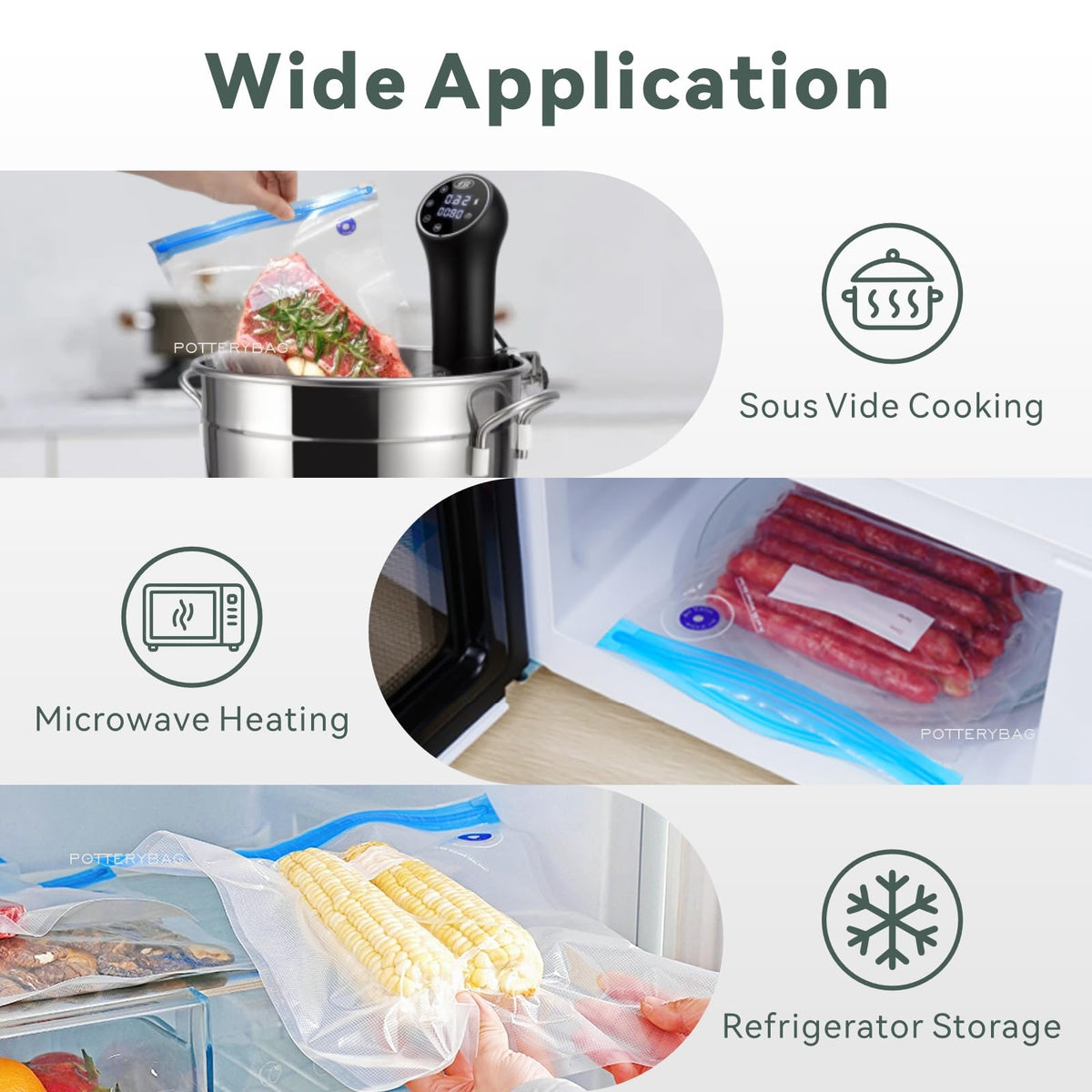 PotteryBag bags in three sizes fit various foods for flexible sous vide.