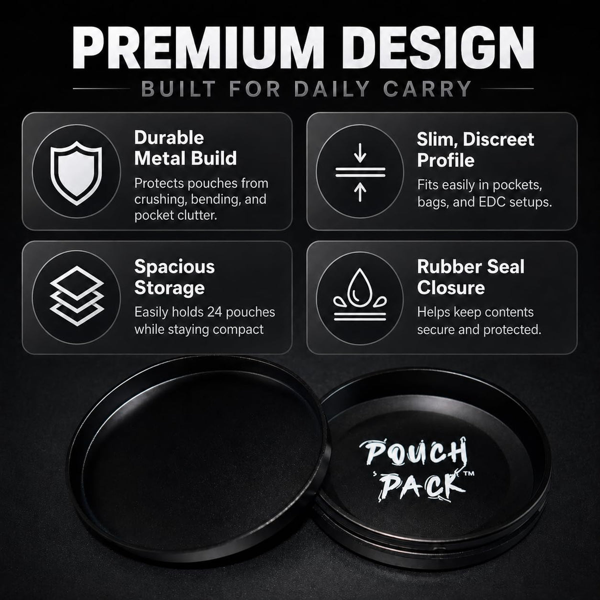 Pouch Pack durable aluminum alloy construction highlighted on rugged everyday-use can.