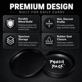 Pouch Pack durable aluminum alloy construction highlighted on rugged everyday-use can.