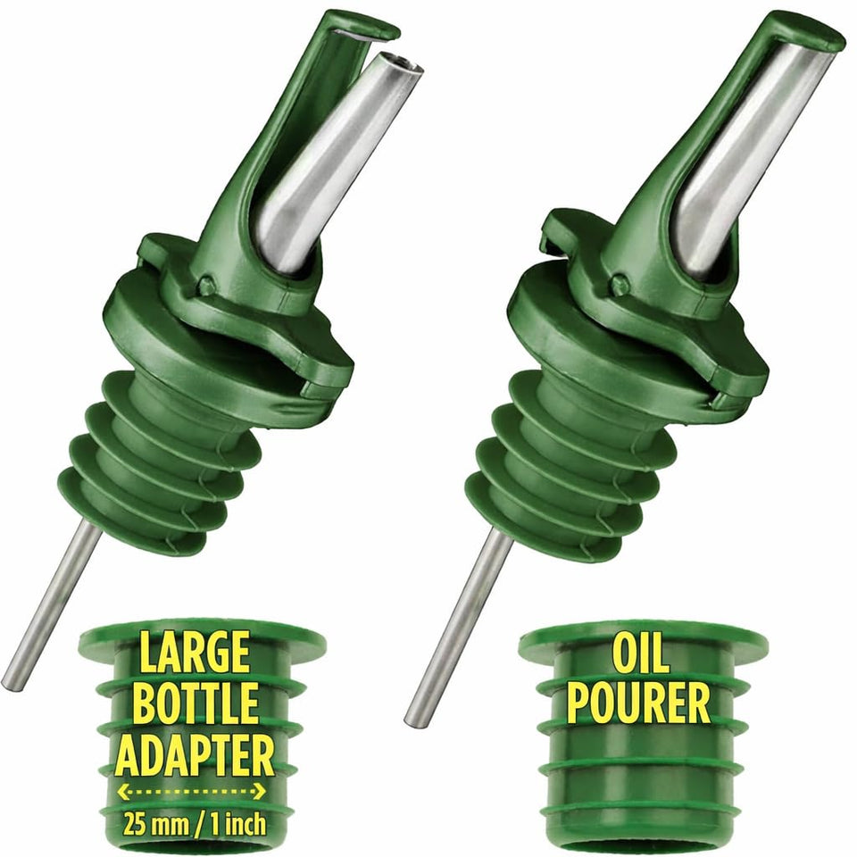 Poura air-tight olive oil pour spout in green secures freshness and prevents leaks.