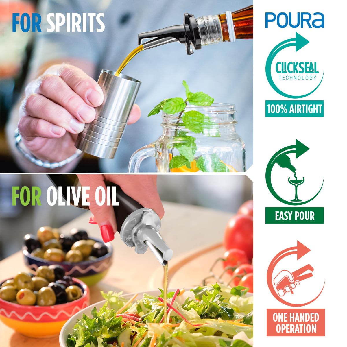 Poura BPA-free, dishwasher-safe pour spout keeps bottles pristine and hygienic at home or bar.