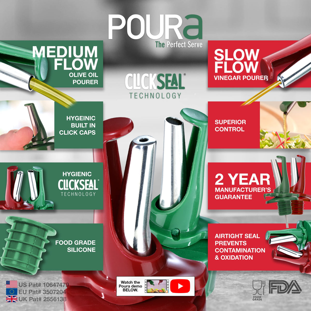 Poura oil spout mid-flow demonstrates precise pouring for oil