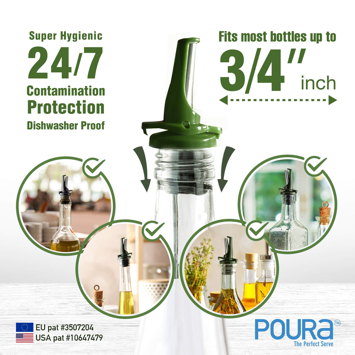 Poura one-handed open/close mechanism enables precise oil flow control.