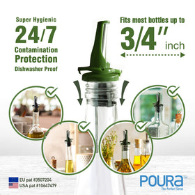 Poura one-handed open/close mechanism enables precise oil flow control.