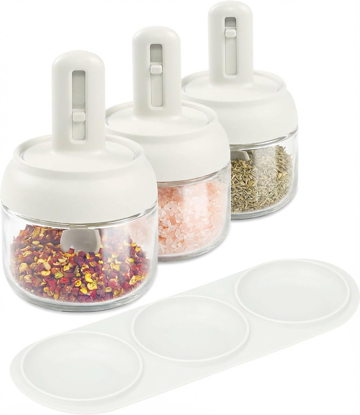 Povinmos 3-piece glass salt container with lid and retractable spoon for organized seasoning