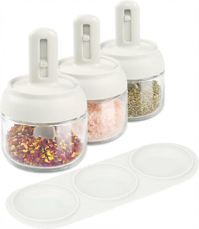 Povinmos 3-piece glass salt container with lid and retractable spoon for organized seasoning