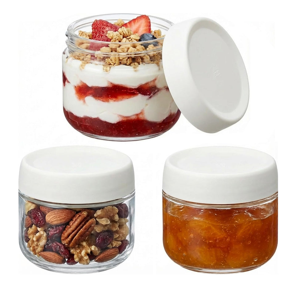 Povinmos 3-pack overnight oats containers with lids, 10oz glass jars keep breakfasts organized.
