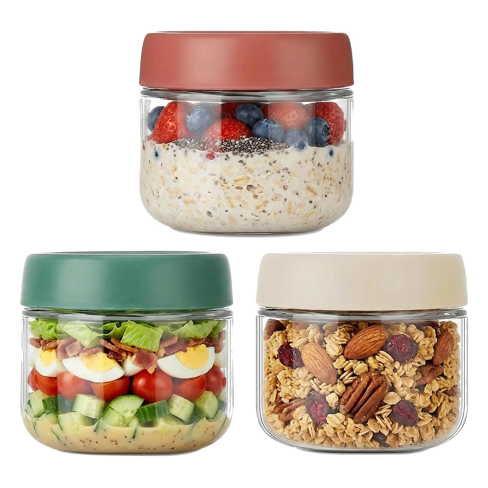 Povinmos 3-pack overnight oats jars in crystal-clear glass.