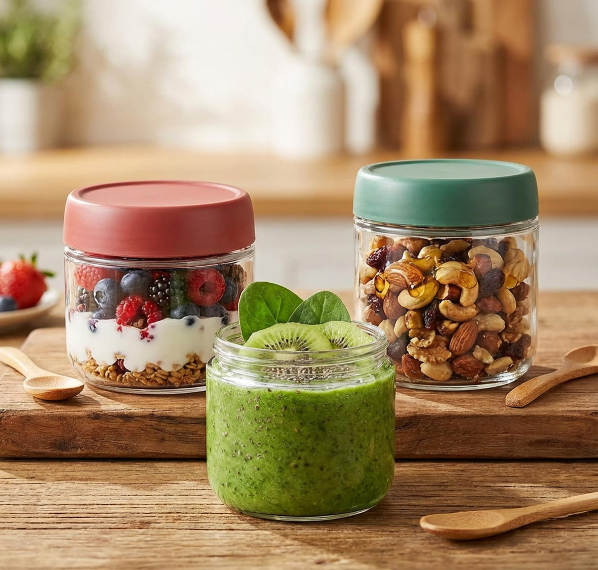 Povinmos glass jar with wide mouth showing easy filling.