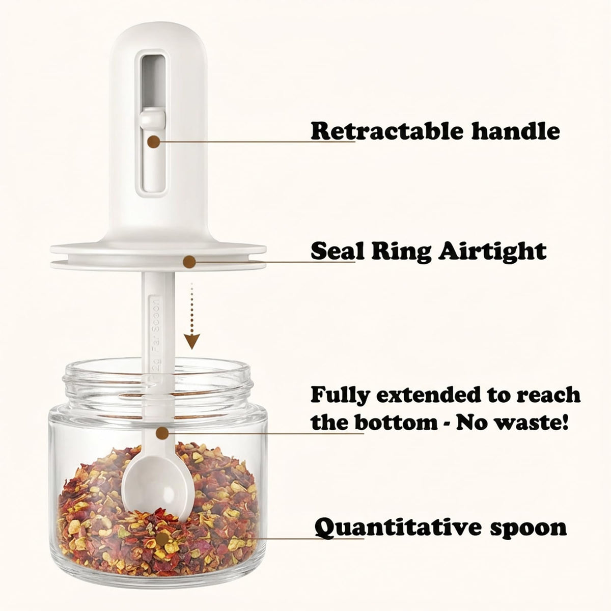 Close-up of retractable spoon in Povinmos salt container