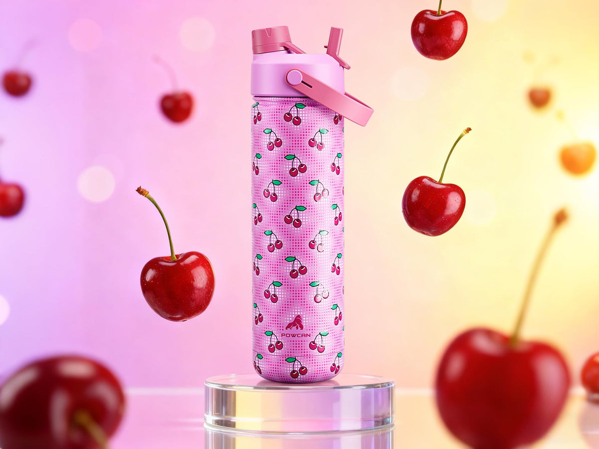 Close-up of POWCAN 2-in-1 straw and spout lid for easy sipping