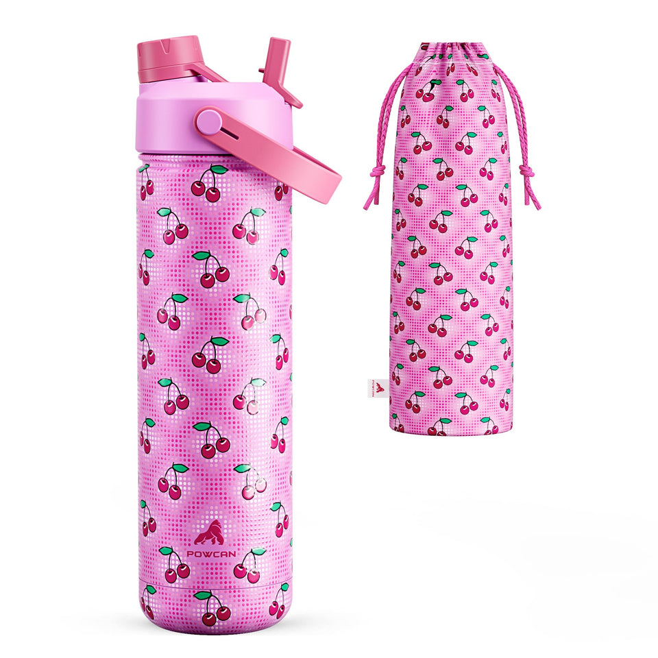 POWCAN 26 oz Cherry Pop bottle front view, condensation-free design