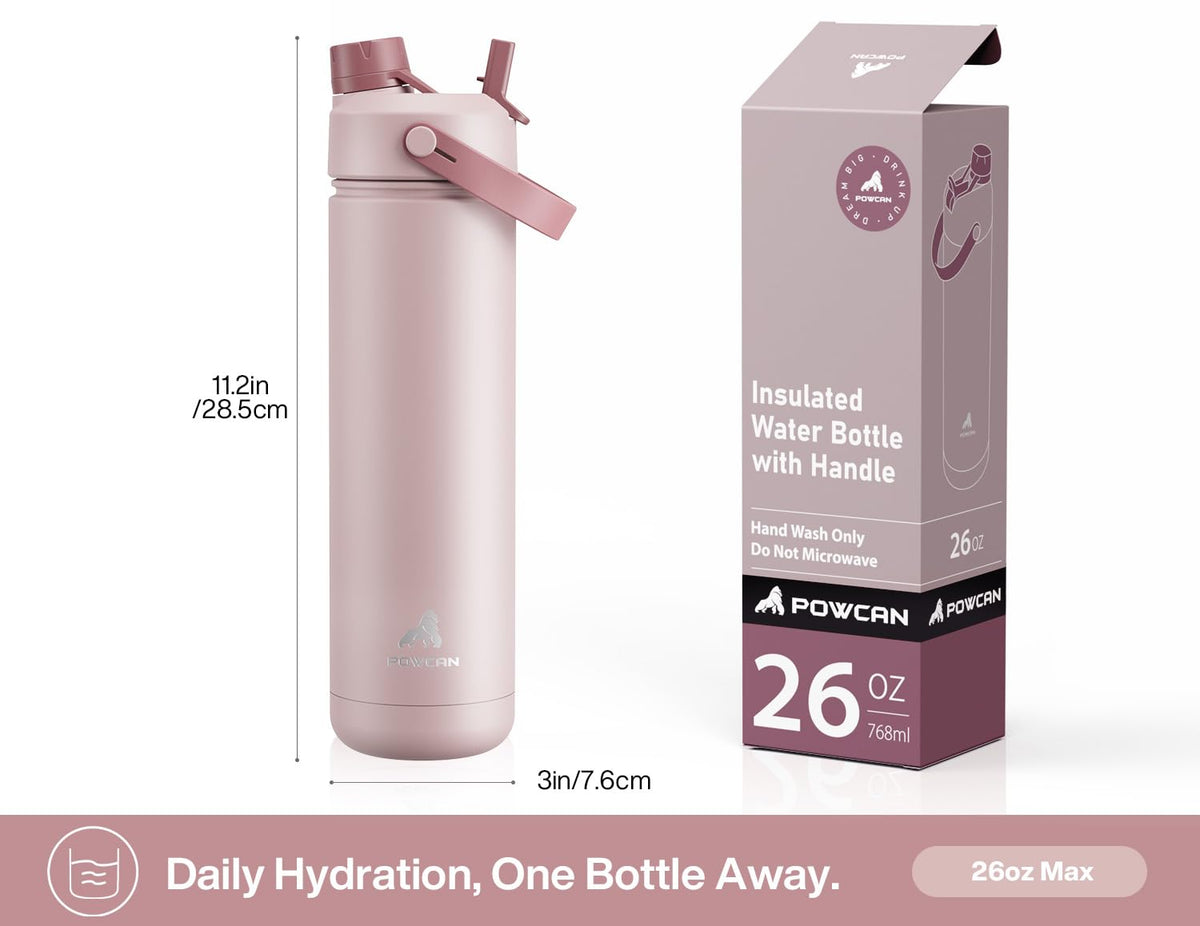 POWCAN 26 oz bottle leak-proof design for adventures and spills-free transport.
