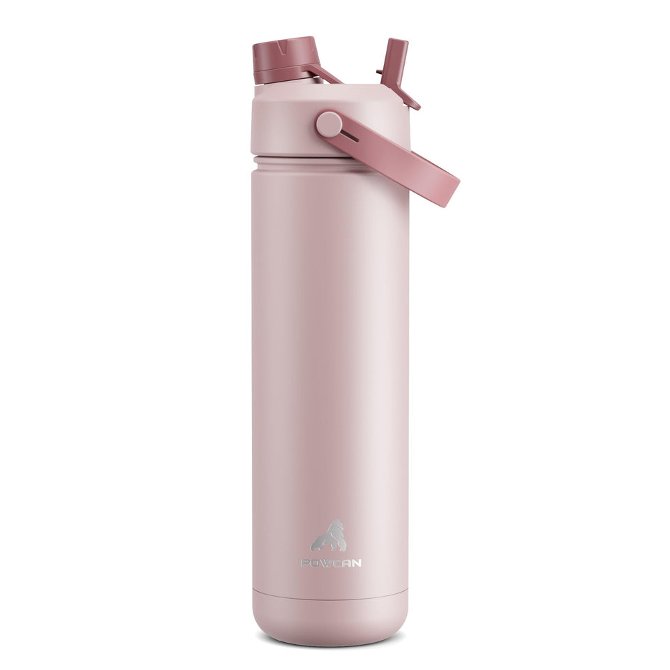 POWCAN 26 oz insulated water bottle in dried rose, front view, keeps drinks cold on the go.