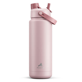 POWCAN 32 oz insulated bottle lid close-up showing 2-in-1 straw and spout for versatile use