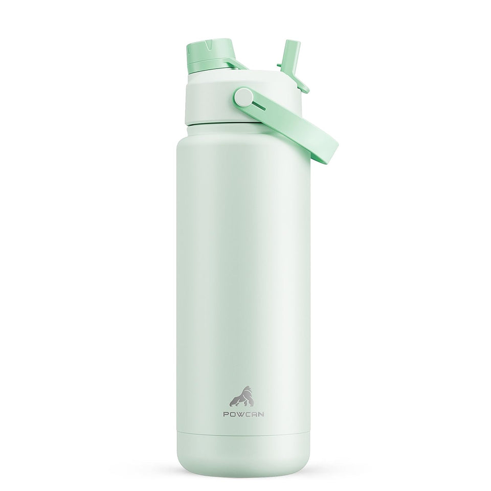 POWCAN 32 oz insulated bottle front view with mint finish, ideal for all-day hydration.