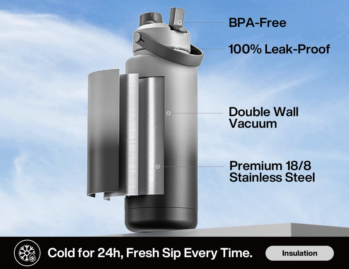 POWCAN 40 oz bottle close-up shows BPA-free stainless steel for clean taste.