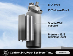 POWCAN 40 oz bottle close-up shows BPA-free stainless steel for clean taste.