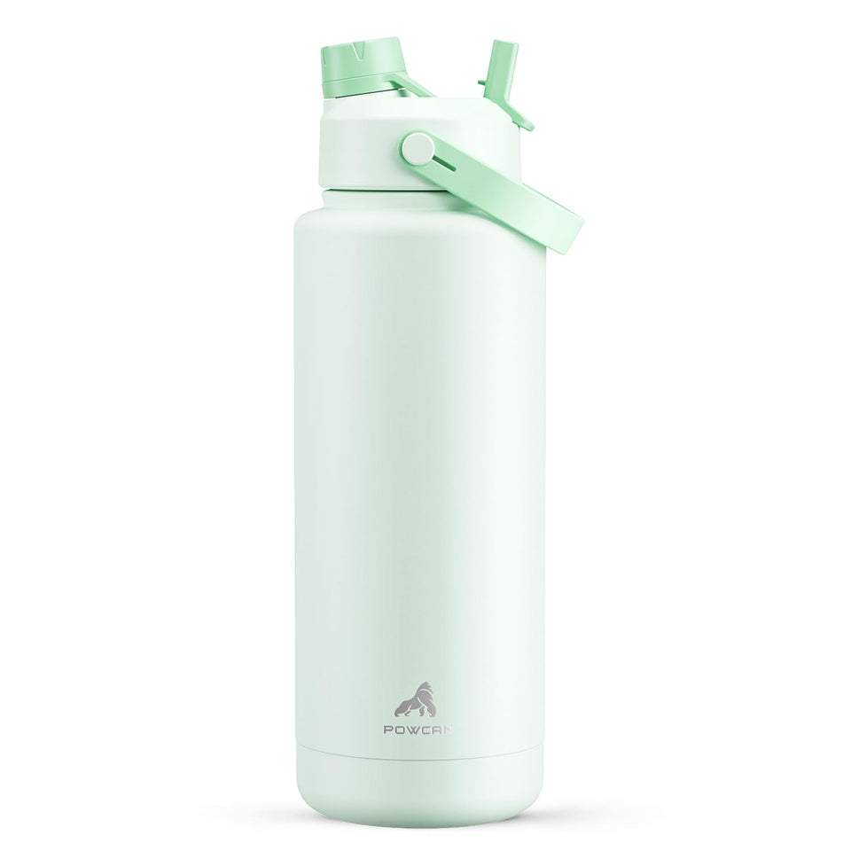 POWCAN 40oz insulated bottle in mint with lid-straw setup for easy sipping.