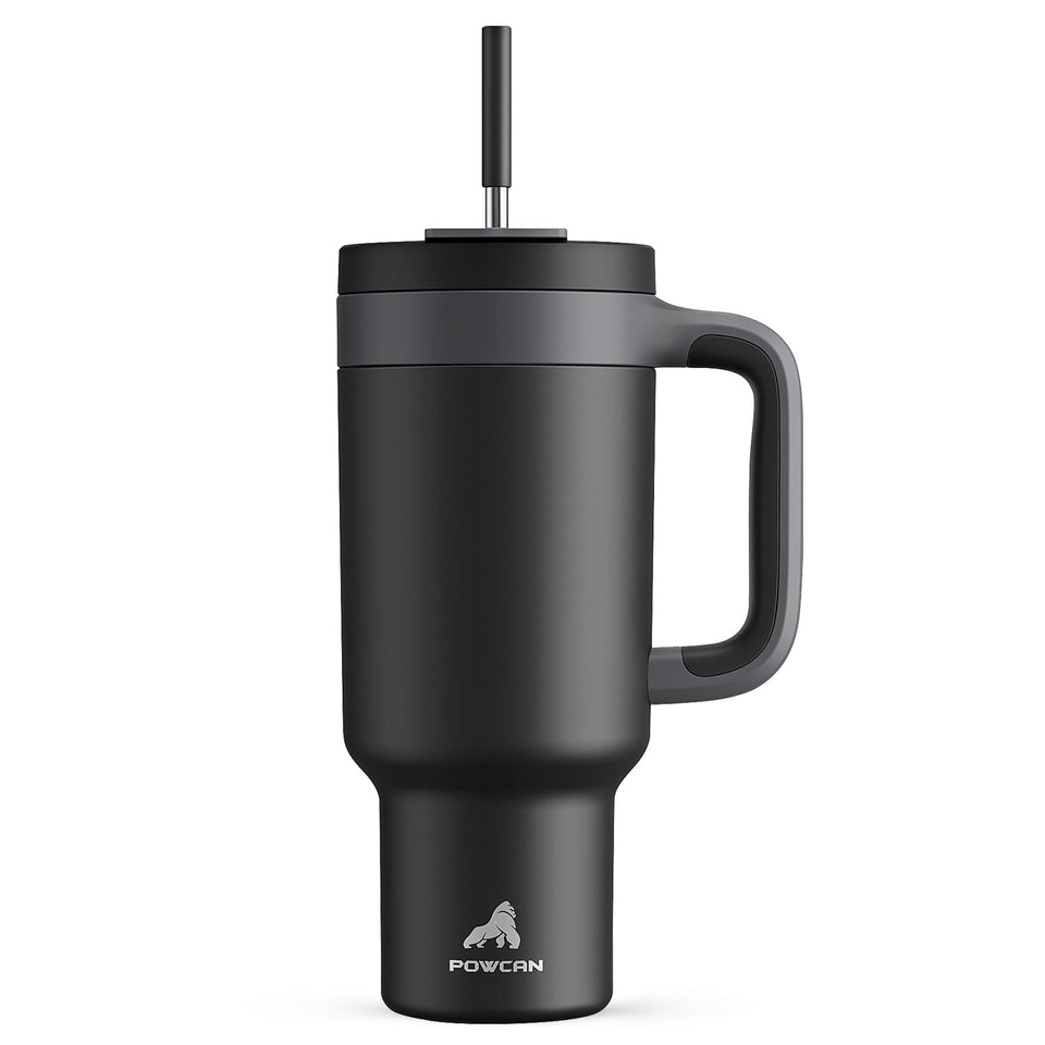 POWCAN 40 oz tumbler with handle keeps drinks icy for up to 34 hours.
