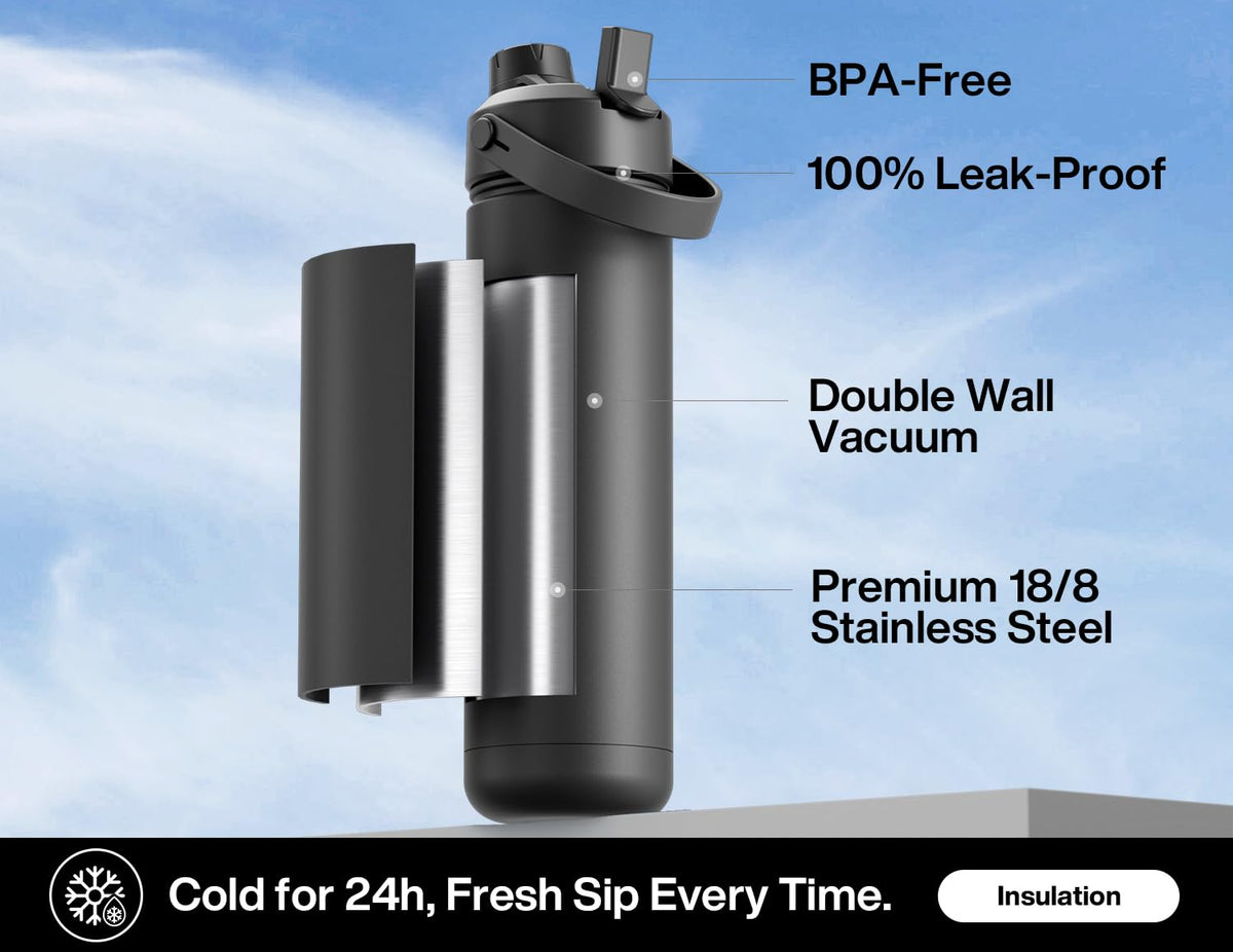 POWCAN stainless steel bottle keeps beverages cold up to 24 hours in Dark Knight.