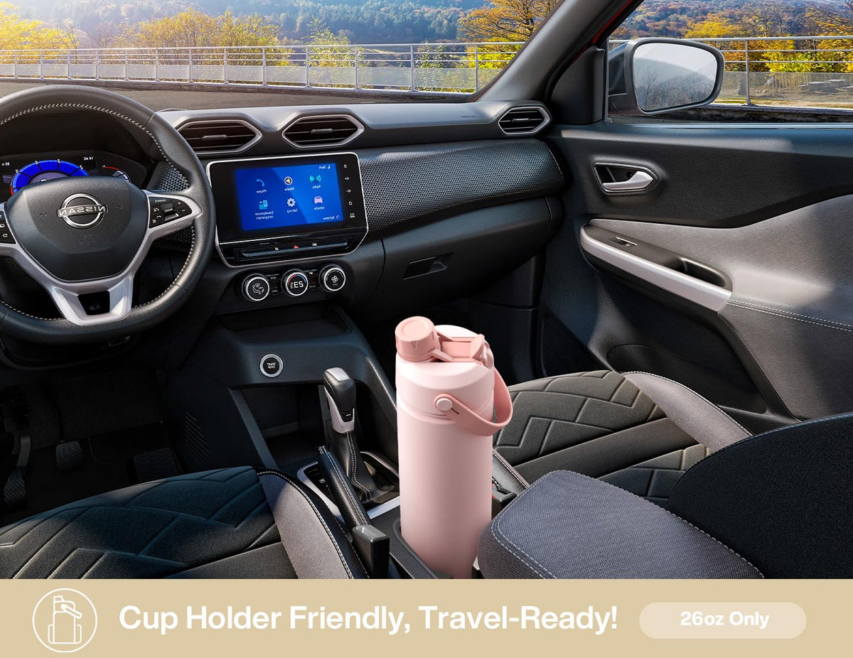 POWCAN 26oz bottle fits most car cup holders for on-the-go hydration.