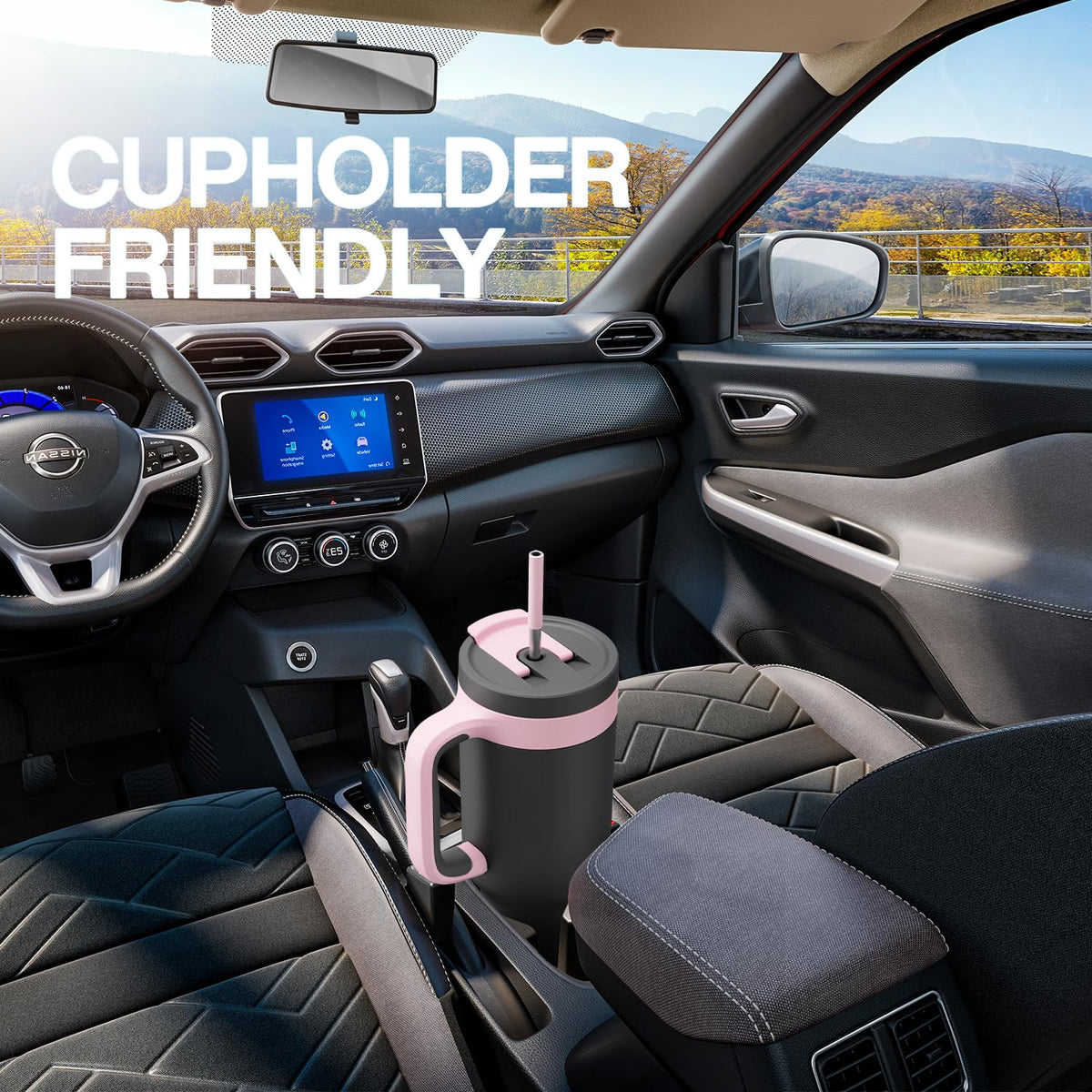 POWCAN fits car cupholders for easy on-the-go refills.