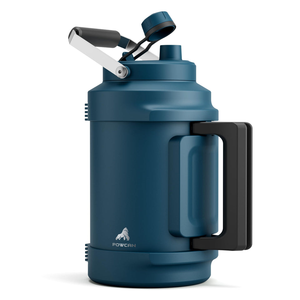 POWCAN gallon jug with 2-in-1 lid for sipping and pouring.