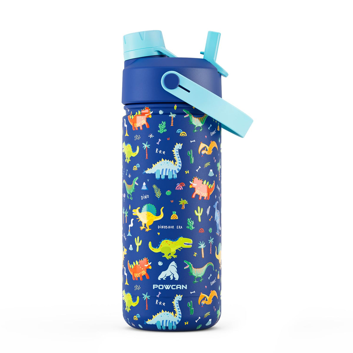 POWCAN Dinosaur Era blue bottle; easy-to-grip for kids during outdoor adventures.