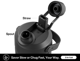 POWCAN leak-proof bottle shown in a bag for mess-free travel in Dark Knight finish.