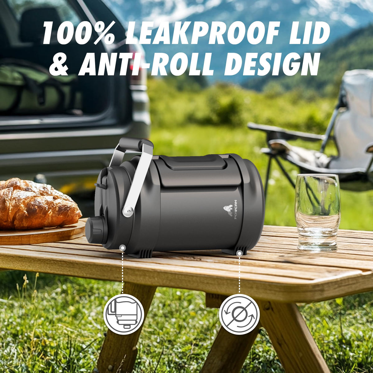 POWCAN leakproof lid prevents spills during activity.