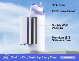 POWCAN Lupine bottle with 2-in-1 lid for sipping and pouring on the go.
