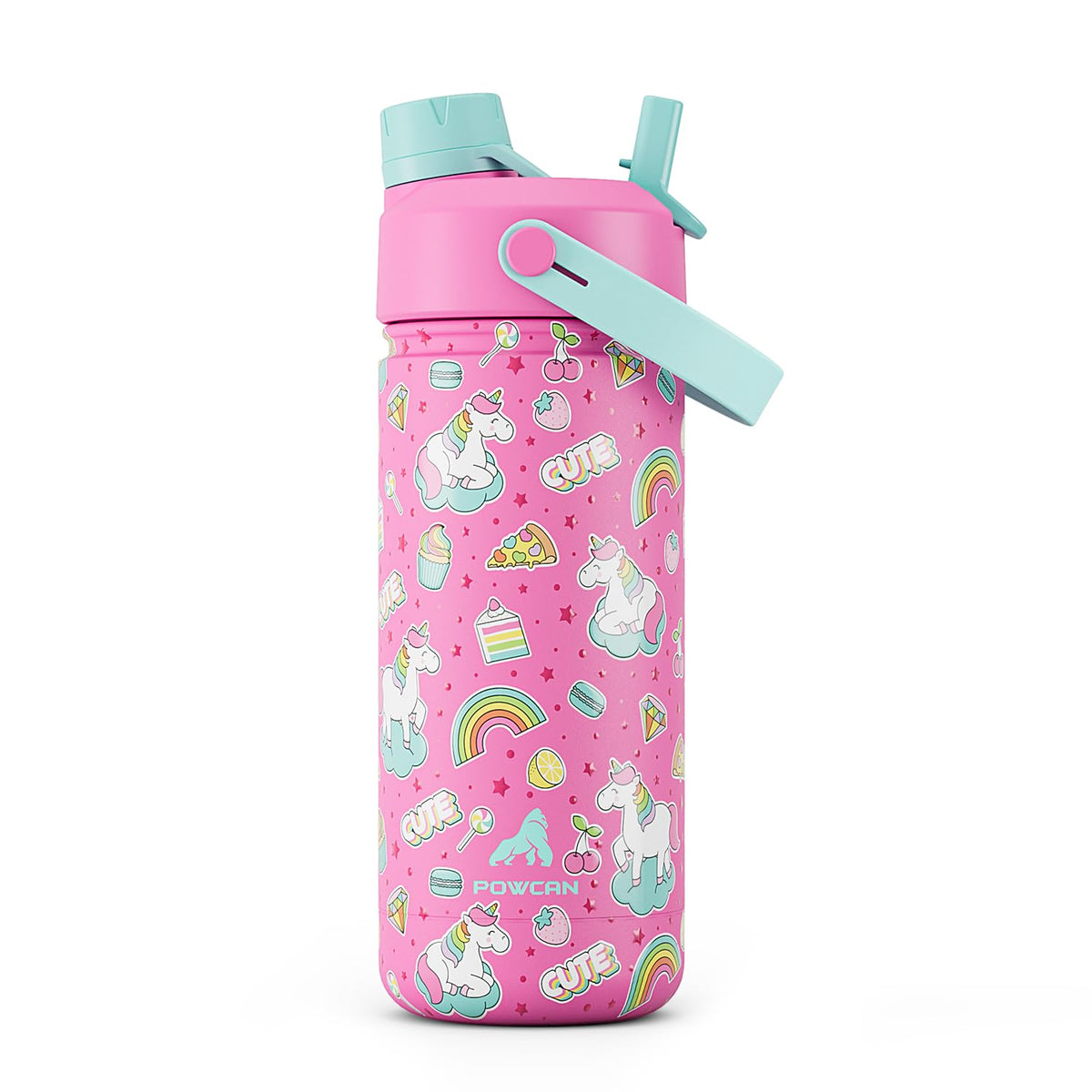 Powcan unicorn bottle with straw lid for spill-free school hydration.
