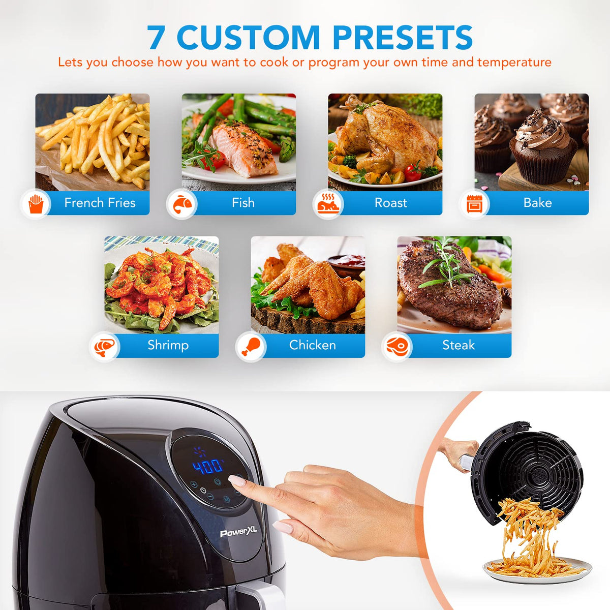 PowerXL Air Fryer 7 QT Maxx Classic basket in use for crispy results.