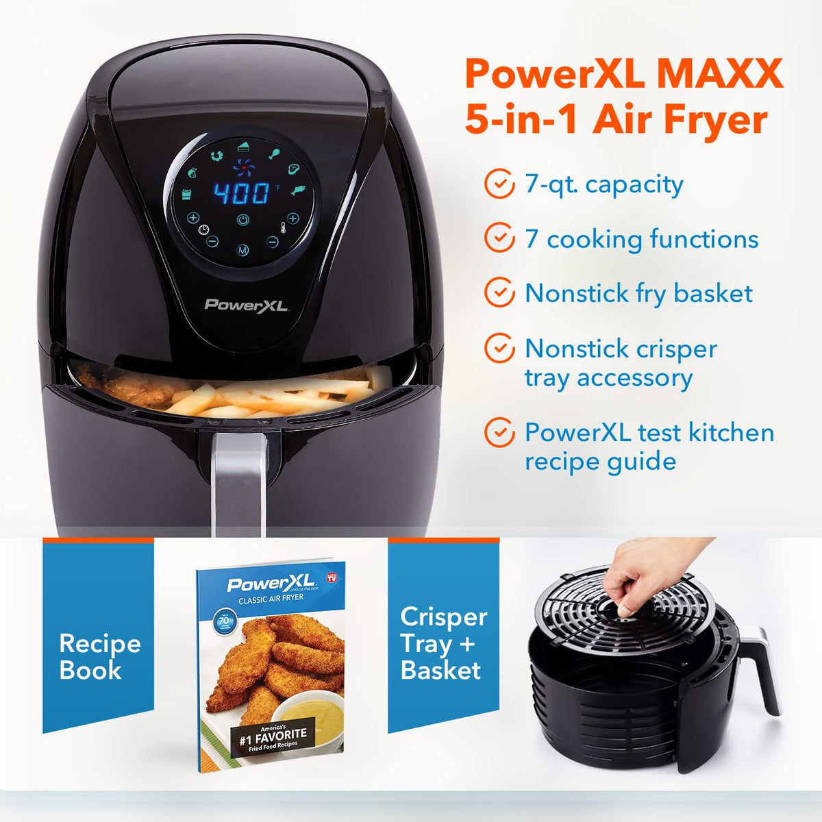 PowerXL Air Fryer 7 QT Maxx Classic top view shows compact countertop footprint.
