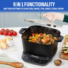 PowerXL StirMax Plus 7.5qt pot shows family-size capacity for batch meals