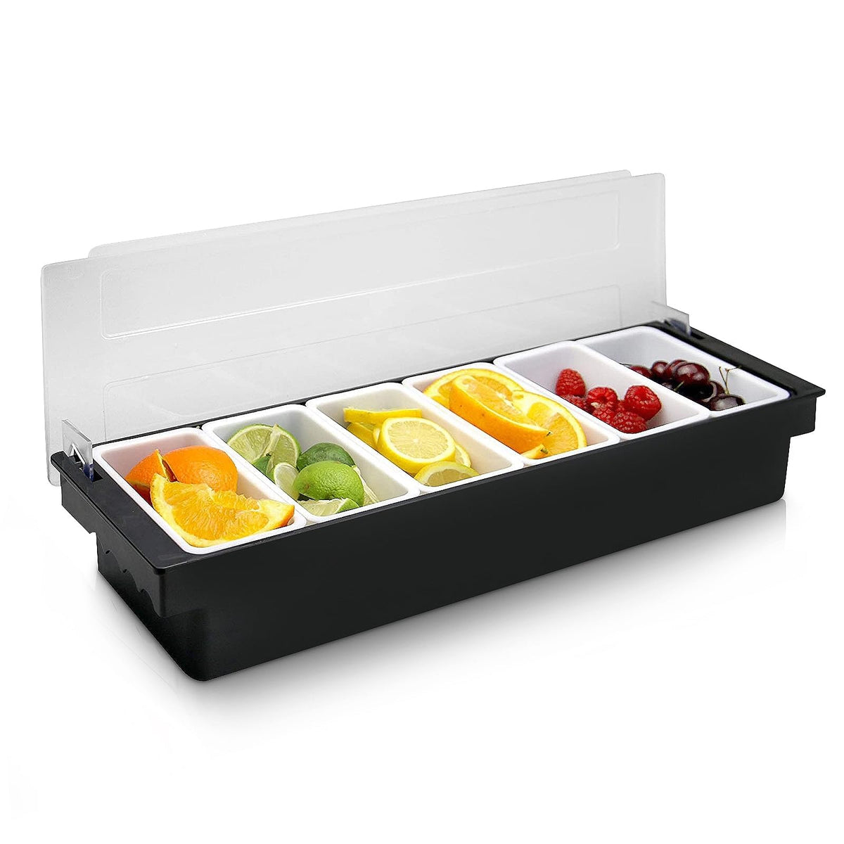Powlab Ice Cooled Condiment Caddy showing six removable bins for tidy toppings and garnishes