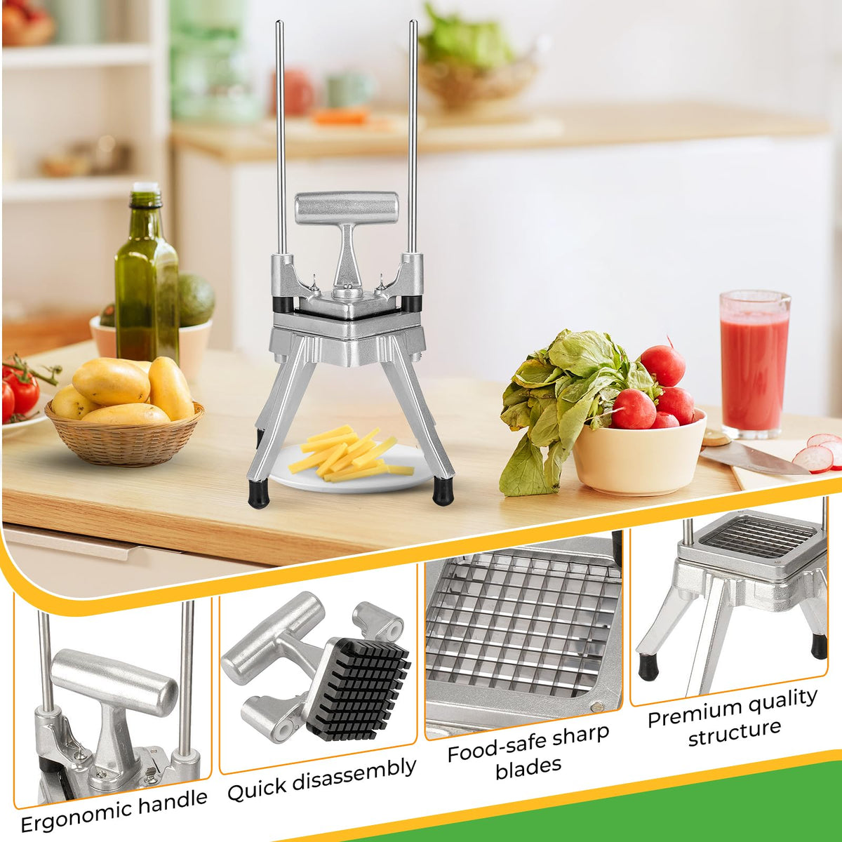 POWLAB multipurpose cutter handles cucumbers, potatoes, onions, apples, and more.