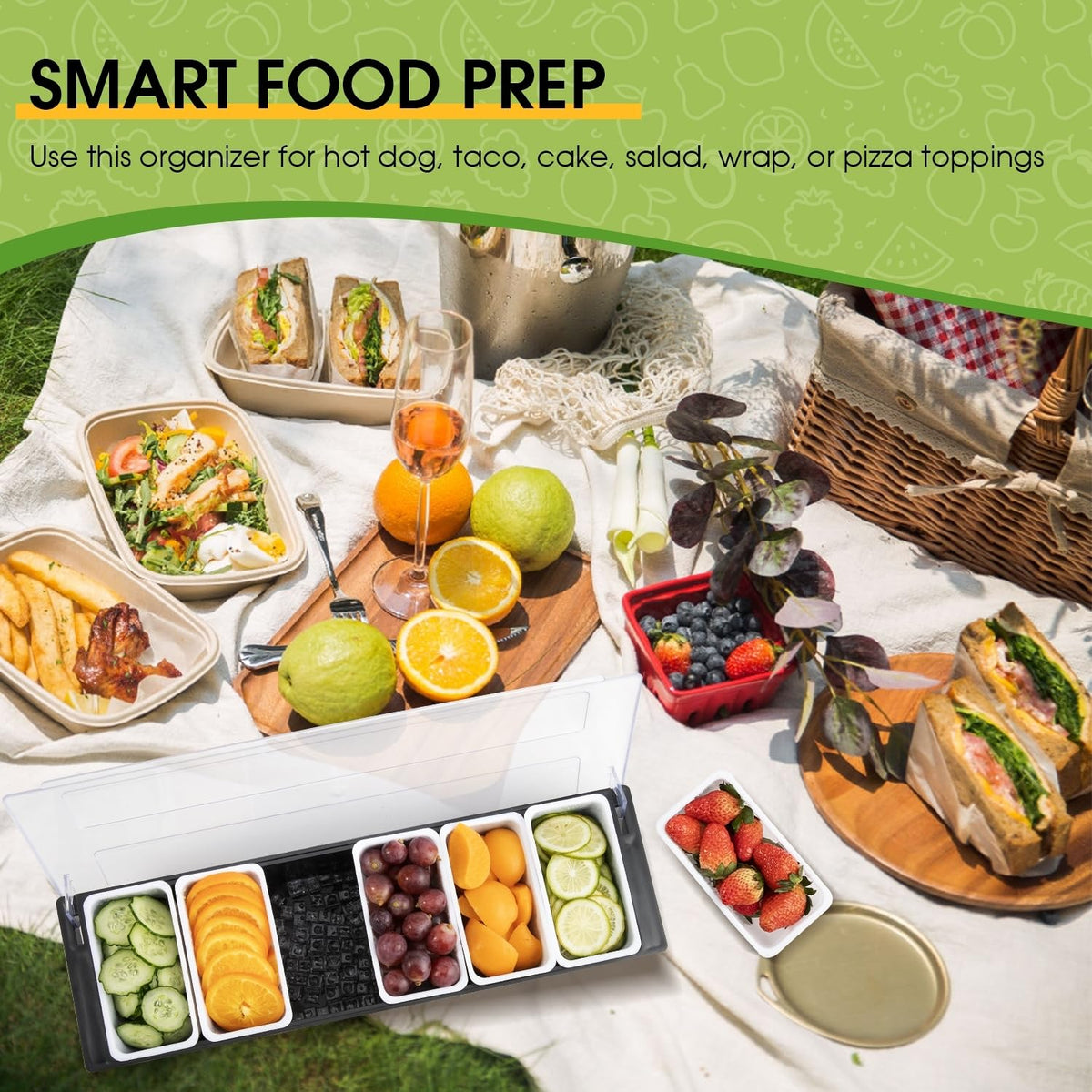 Powlab six compartments ideal for olives, wedges, nuts, and sauces in a buffet