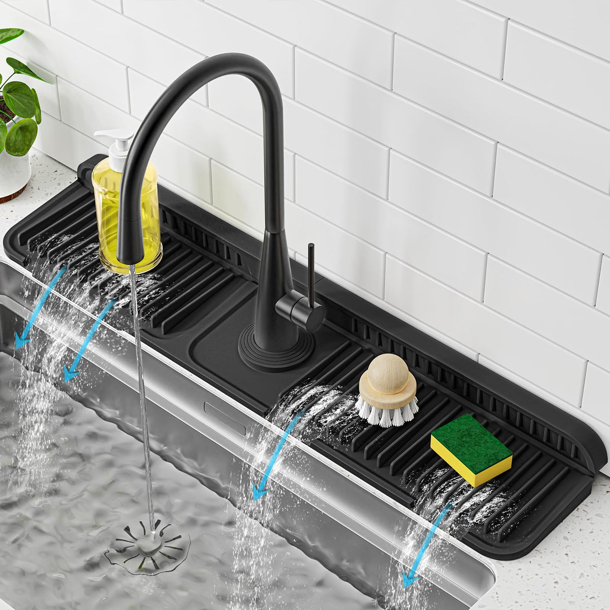 PoYang 24-inch faucet mat under a chrome faucet protects the base from water spray