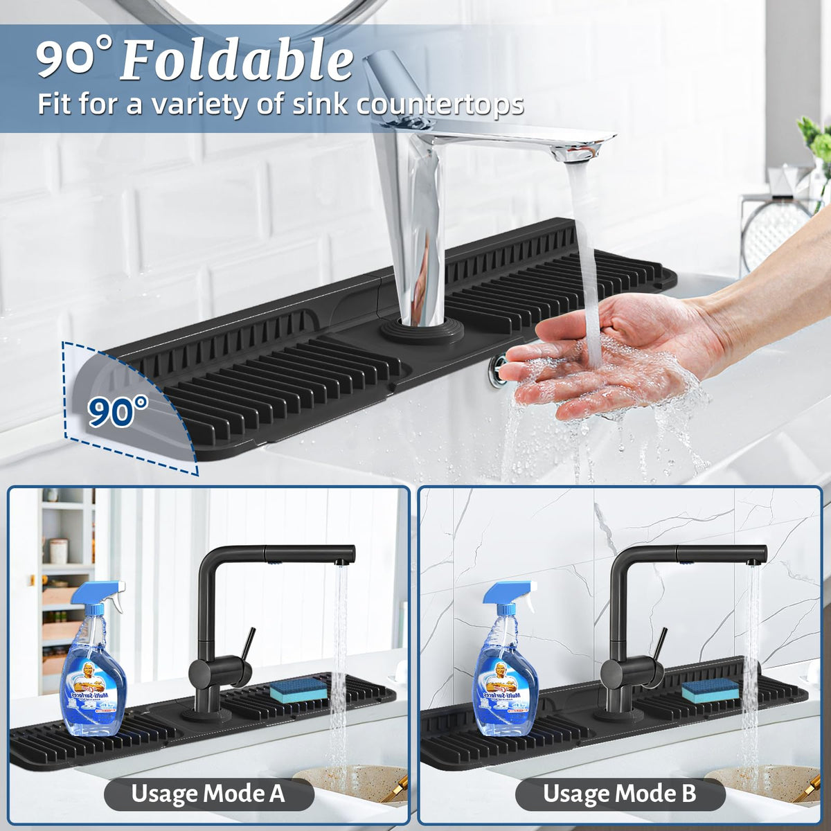 PoYang silicone sink splash protector with 7° slope guiding water toward the sink