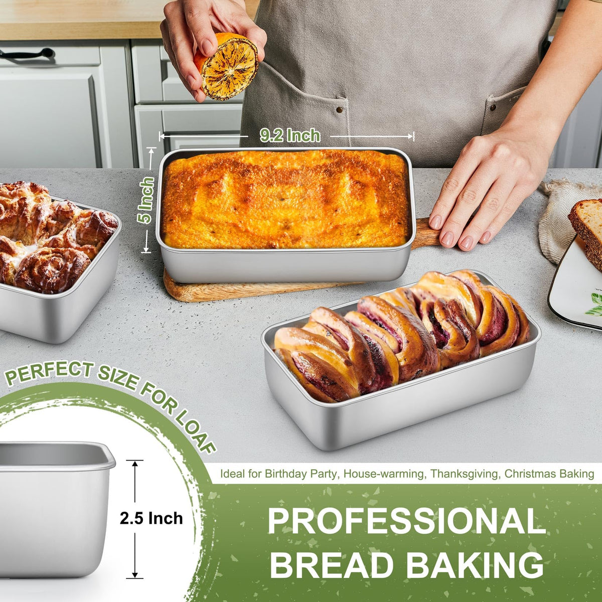 P&P CHEF 2.5 inch deep loaf pan with generous batter capacity.