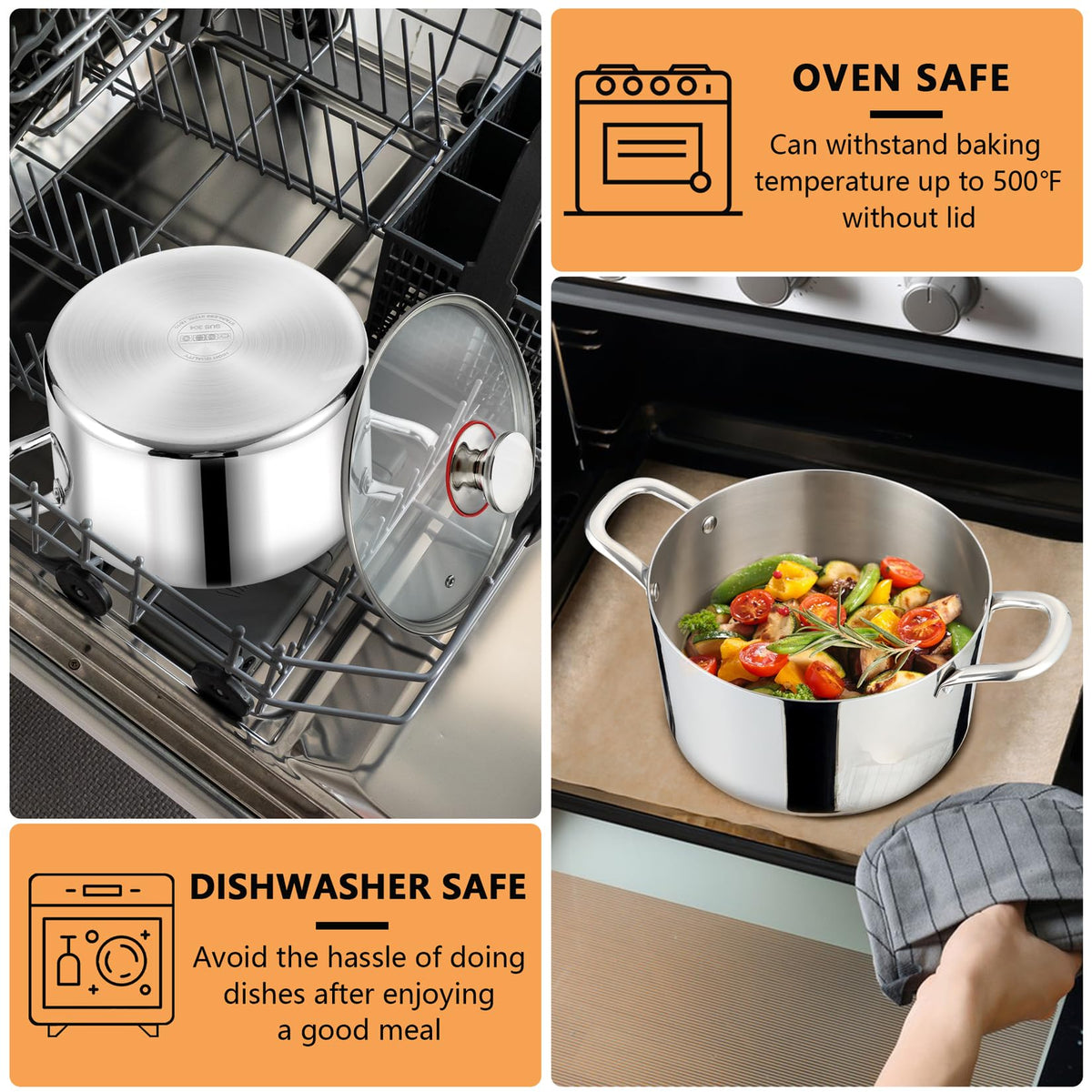 P&P CHEF 4qt stock pot with glass lid enables transparent simmering.