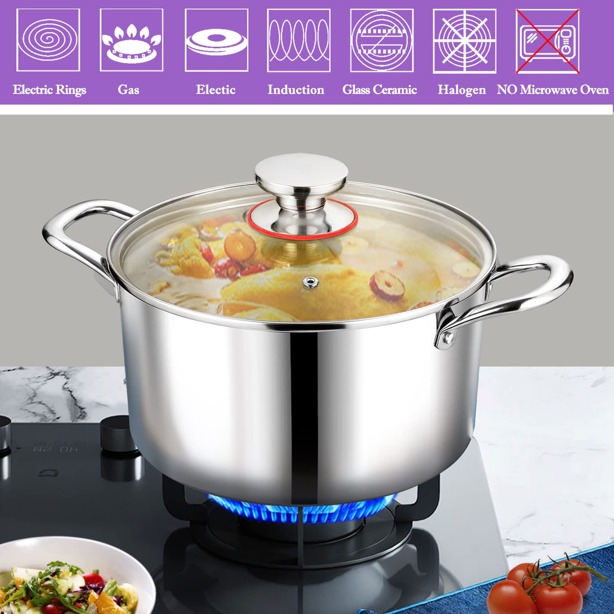 P&P CHEF stock pot is oven safe up to 500°F for flexible cooking.