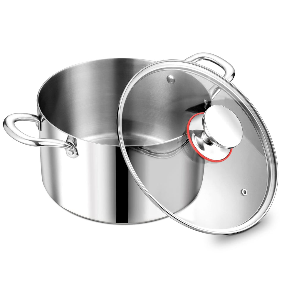 P&P CHEF 5qt tri-ply stock pot with visible lid for precise simmering.