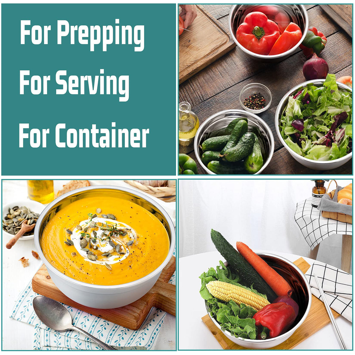 P&P CHEF bowls come in six sizes from 0.7 to 4.6 quarts for versatile prep.