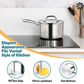 Induction-ready saucepan showing compatibility with multiple stove types.