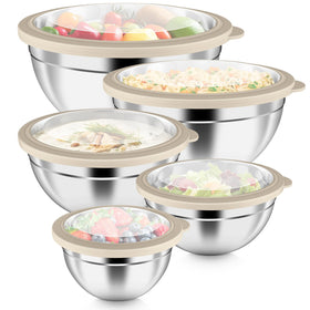 P&amp;P CHEF mixing bowls with visible lids show contents at a glance for quick prep.