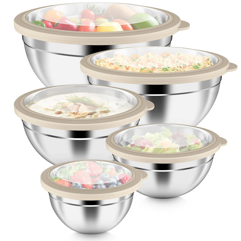 P&amp;P CHEF mixing bowls with visible lids show contents at a glance for quick prep.