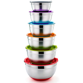 P&P CHEF mixing bowls with lids in stainless steel for precise prep and airtight storage.
